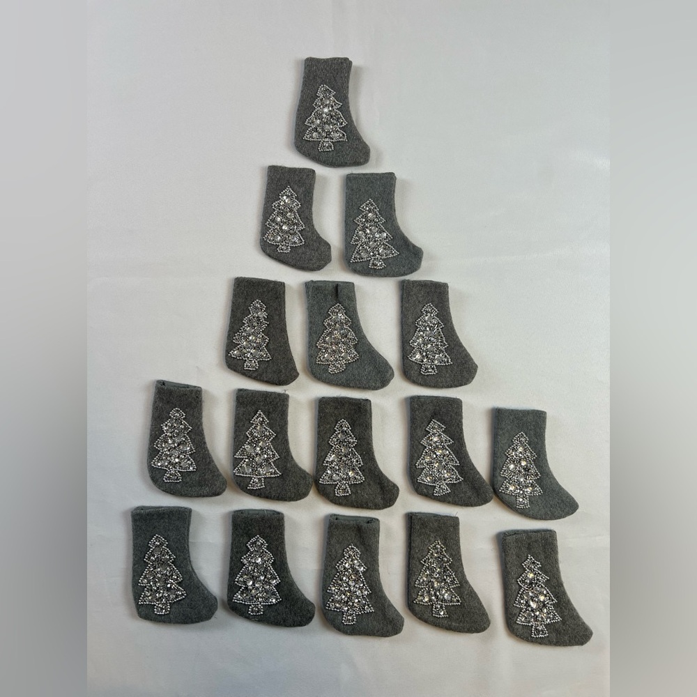Gray Felt Sparkly Sliver Beaded Christmas Tree Mini Stockings